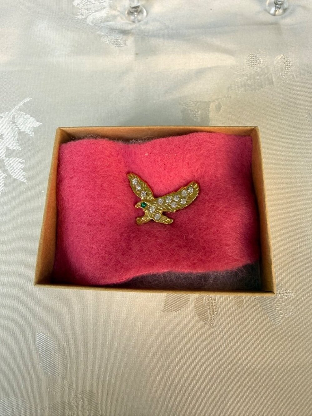 Gold-Tone Rhinestone Eagle Lapel Pin w/ Green Rhinestone Eye Accent